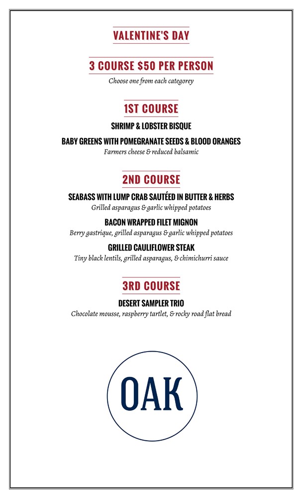 prix fixe menu for oak dining room